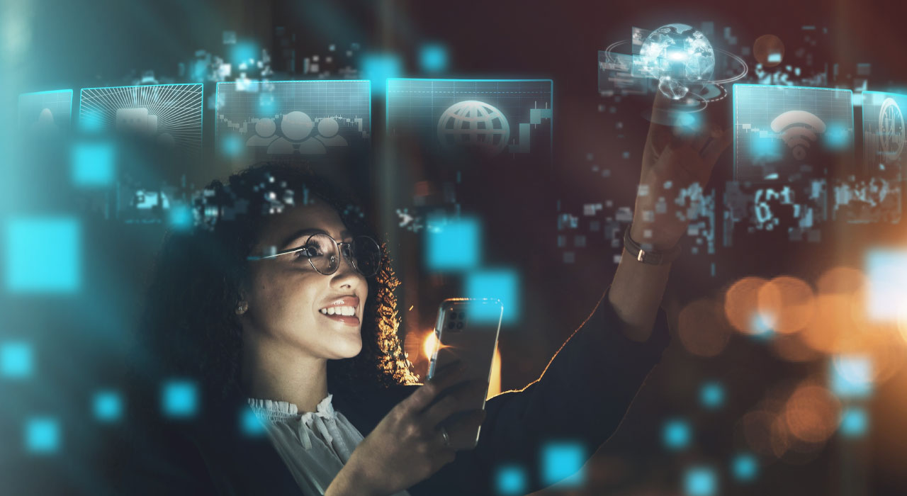 A woman holds a smartphone surrounded by glowing digital icons and holograms