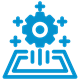 Blue gear icon with plus signs above a tablet signifying technological innovation and digital integration