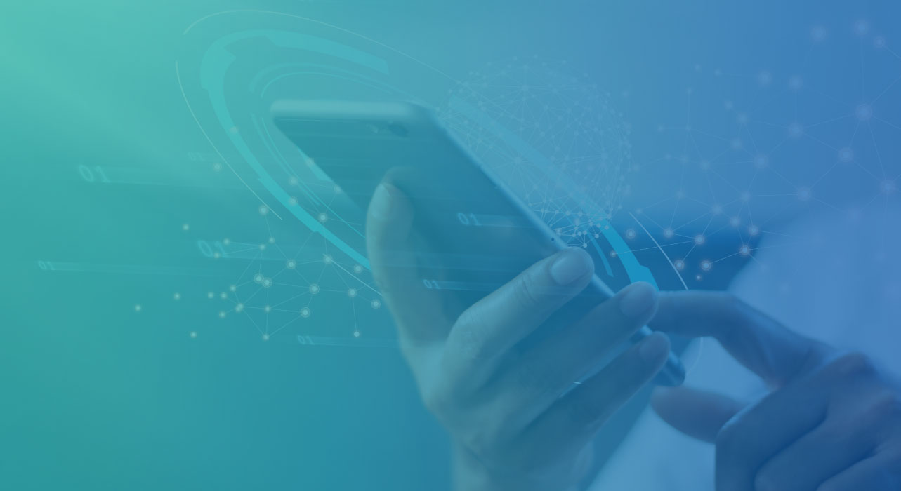 A hand holds a smartphone against a teal and blue digital background